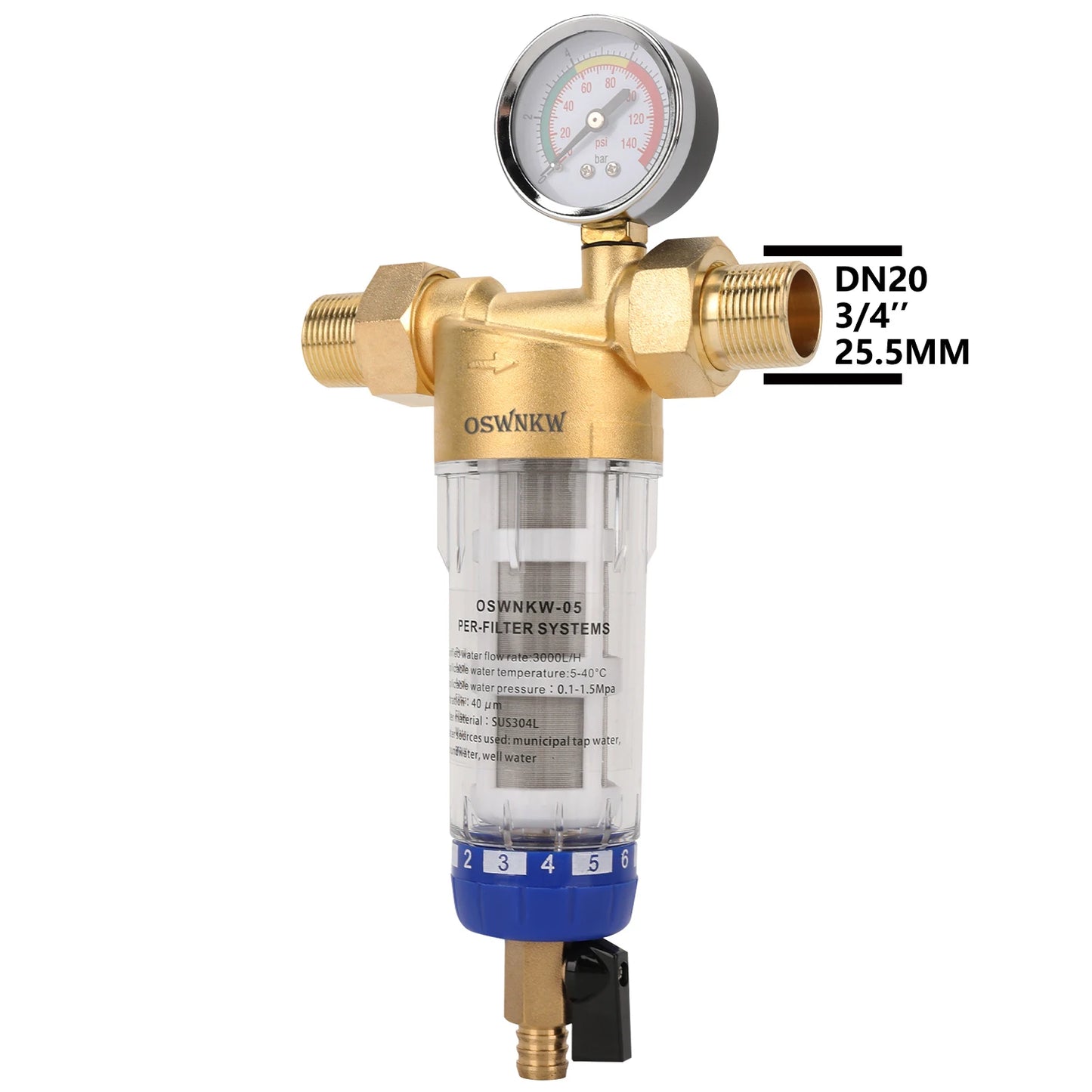 OSWNKW CL05 | Préfiltre Central Inox 40 μm avec Rinçage Automatique & Manomètre – Filtration Anti-Sédiments Maison