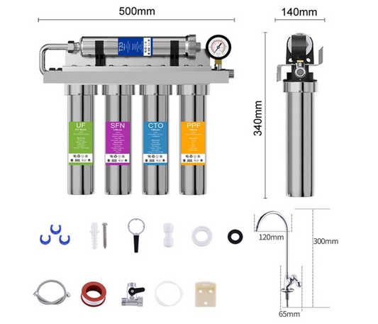 PureSteel UF 1000 | Filtre à Eau Sous Évier Inox 0.01 μm – 5 Étapes Ultra-Filtration Sans Électricité