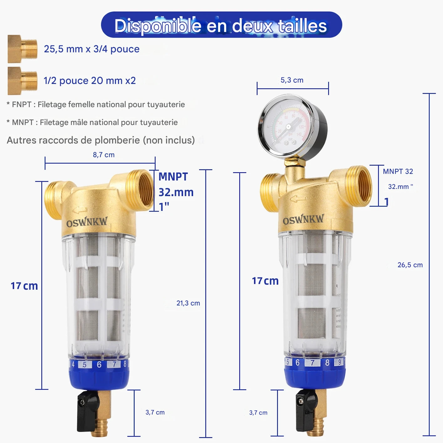 OSWNKW CL05 | Préfiltre Central Inox 40 μm avec Rinçage Automatique & Manomètre – Filtration Anti-Sédiments Maison