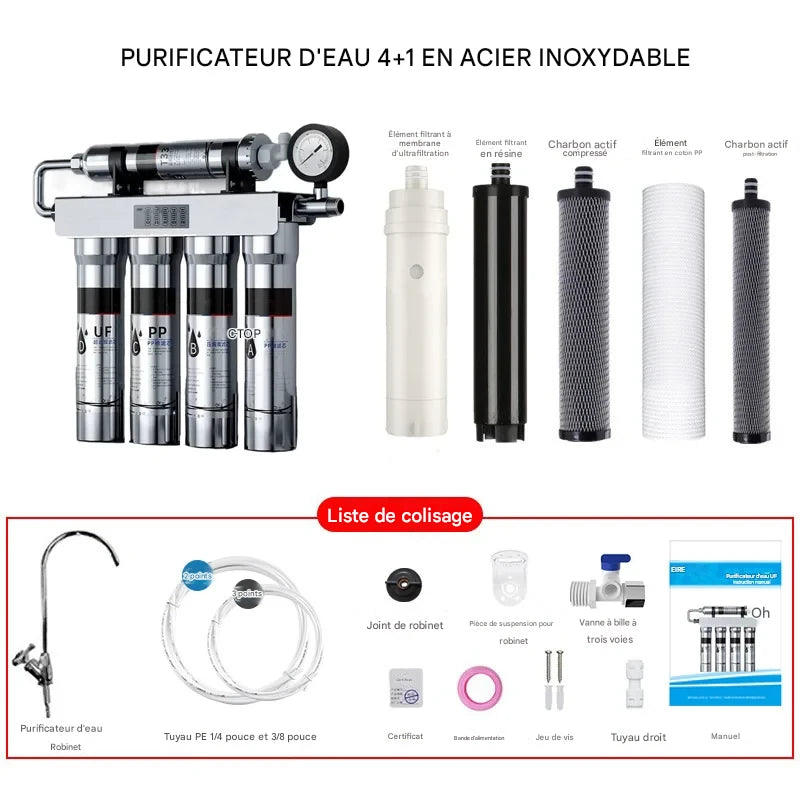 EIREE PureSteel H501 | Filtre à Eau Sous Évier Inox 5 Étapes – LED & Manomètre | Eau Pure, Minéralisée & Sans Électricité