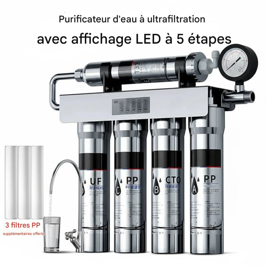 EIREE PureSteel H501 | Filtre à Eau Sous Évier Inox 5 Étapes – LED & Manomètre | Eau Pure, Minéralisée & Sans Électricité