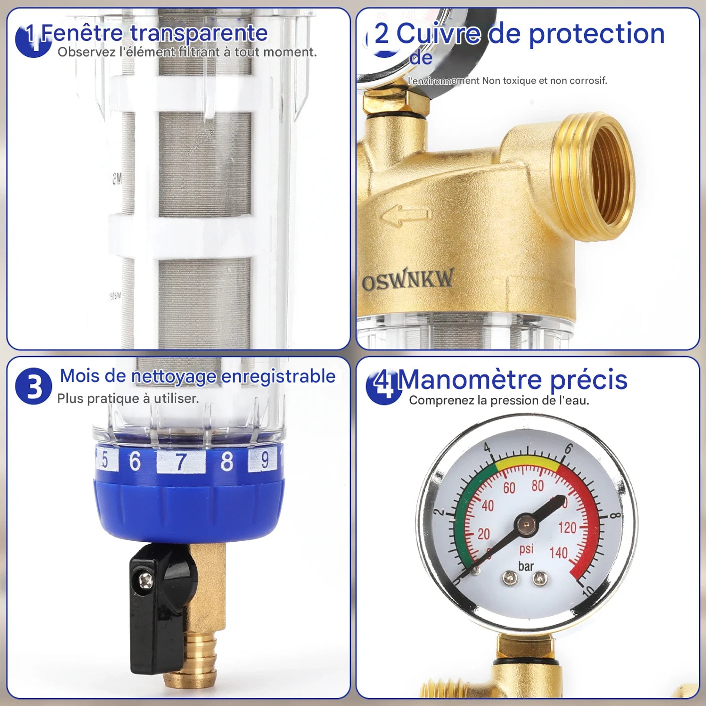 OSWNKW CL05 | Préfiltre Central Inox 40 μm avec Rinçage Automatique & Manomètre – Filtration Anti-Sédiments Maison