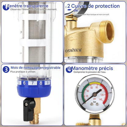 OSWNKW CL05 | Préfiltre Central Inox 40 μm avec Rinçage Automatique & Manomètre – Filtration Anti-Sédiments Maison