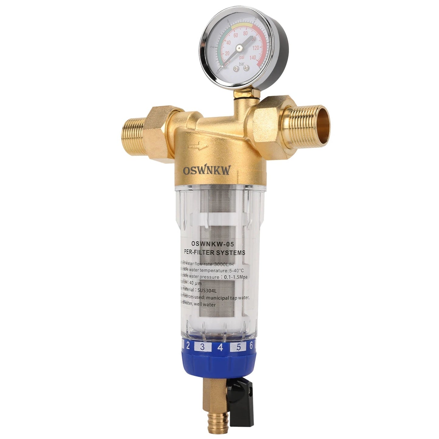 OSWNKW CL05 | Préfiltre Central Inox 40 μm avec Rinçage Automatique & Manomètre – Filtration Anti-Sédiments Maison