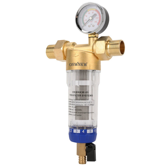 OSWNKW CL05 | Préfiltre Central Inox 40 μm avec Rinçage Automatique & Manomètre – Filtration Anti-Sédiments Maison