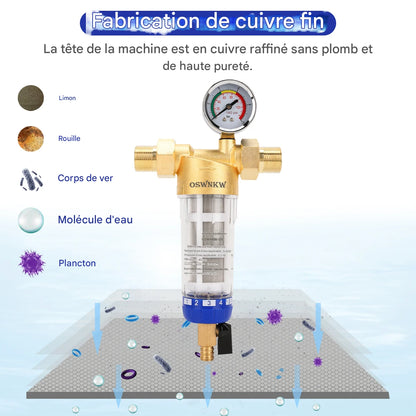 OSWNKW CL05 | Préfiltre Central Inox 40 μm avec Rinçage Automatique & Manomètre – Filtration Anti-Sédiments Maison